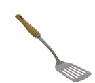 Perforated stainless steel spatula with waxed wooden handle