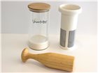 Plant milk filter with glass bowl for hand blender and wooden pestle