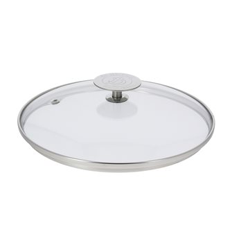 14 cm glass cover with stainless steel rim and handle, long skirt