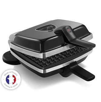Black electric waffle iron for 2 waffles non-stick plates.
